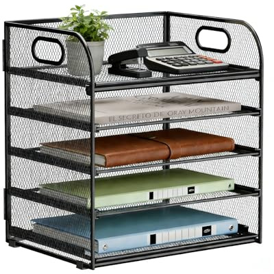 Ecofocet Corbeilles à Courrier avec Poignée, Organiseur de Bureau à 5 Niveaux, Porte-Revues, Support de Rangement pour Papier, Organiseur de Bureau en Maille, Banette de Rangement Bureau, Noir