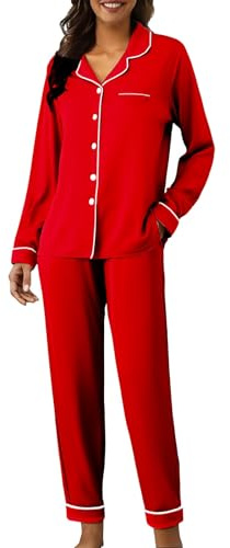silk pajamas womens Womens Pyjamas Long Sleeve Button Down Pajamas Two Pieces Pjs for Female Sets Sleepwear Loungewear Silk Pyjama for Women Satin Pjs Set Long Pyjama women's loungewear set Red S