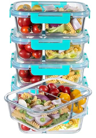 MFY 5 Packungen mit 36-Unzen-glasbehälter mit deckel, frischhaltedosen mit deckel, Meal Prep Boxen Glas mit 2 Fächern, Spülmaschinen- Mikrowellen, Grün