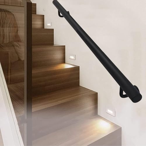 Junvstor Industrial Iron Stair Railing Indoor Wall Mounted, Black Hand Rails for Stairs Metal Staircase Banister Rail, Safety Grab Bar Baluster Loft Deck Railings(8.2ft/250cm)