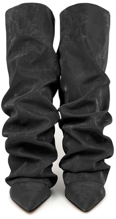 Botas altas hasta la rodilla para mujer, punta puntiaguda, tacón grueso, botas apiladas casuales con puño doblado, botas de vestir casuales para mujer, Negro , 44 EU