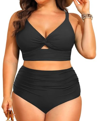 Yutdeng Costume Donna Due Pezzi Taglie Forti Costumi da Bagno Push Up Imbottito Reggiseno Sexy Scollo a V e Slip Vita Alta Curvy Controllo Addominale Bikini da Mare Piscina