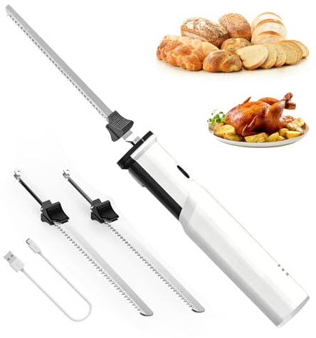 Ysislybin Cuchillo Eléctrico Inalámbrico 8V, cuchillo Jamonero Electrico con 2 Cuchillas de Acero Inoxidable Bloqueo de Seguridad para un Corte Preciso de pan Jamón Carne Queso