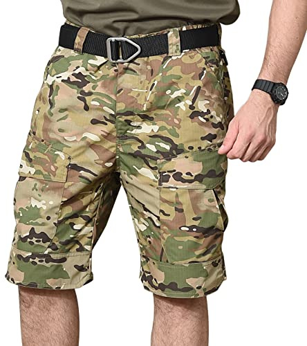 BWBIKE Short Cargo Tactique pour Homme Pantalon Multi-Poches d'extérieur Short d'entraînement d'été Pantalon de Fan de l'armée de Banlieue Militaire (sans Ceinture), Camouflage