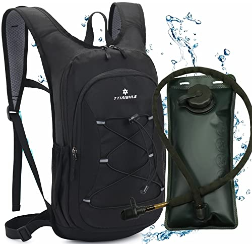 TTIAISHLE Trinkrucksack mit 2L Trinkblase,Fahrradrucksack Wasserrucksack zum Wandern, Radfahren, Camping, Radfahren, Laufen oder Skifahren (Schwarz + Militärgrün)