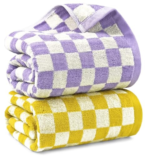 Jacquotha Juego de Toallas de Baño a Cuadros en Amarillo y Lila, Suaves y Coloridas para Baño, SPA, Ducha, Paquete de 2 Toallas de 55 x 27.5 Pulgadas, Finas
