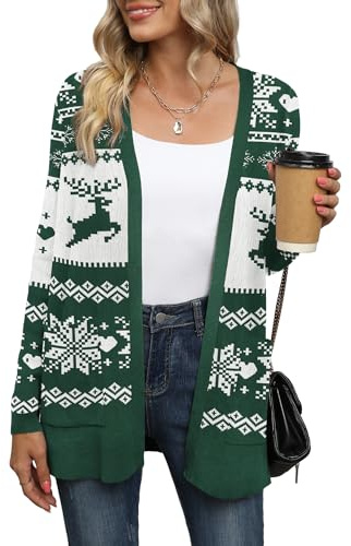LILBETTER Womens Casual Lightweight Long Sleeve Open Front Christmas Cardigan Sweaters with Pockets(F Christmas Green,X-Large)