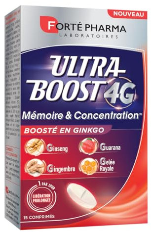 Forté Pharma - Ultra Boost 4G Mémoire & Concentration - Complément alimentaire performances intellectuelles, libération prolongée - Ginseng, Magnésium, Vitamine B6, Ginkgo - 15 comprimés, 1/jour
