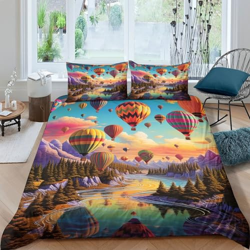 KOABERUVN 3D, Imprimé Ballon à air Chaud Ensemble De Literie Microfibre Super Douce Et Respirante Sets De Housses De Couettes 3 Pièces avec Taies d'oreiller King（220x240cm）