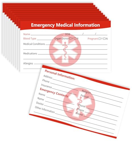 MEDMAX Tarjeta de identificación de información médica de emergencia, 10 unidades, tarjetas de identificación de contacto de emergencia, tarjeta de alerta médica para billetera, teléfono, bolsillos