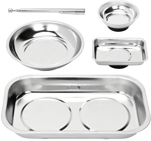 aleawol 5pcs Magnetic Parts Holder Trays with Pickup Tool Round Square Stainless Steel Magnetic Tool Tray for Parts Socket Screw Nut Bolt Metal Tools