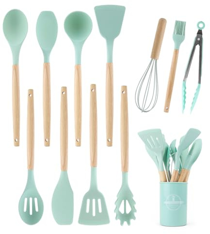 Ixydor 12 Stück Küchenhelfer Set, Hitzebeständiger Kochbesteck Set mit Utensilienhalter,Kochutensilien Kochgeschirr,Spülmaschinenfest,Silikon Kochutensilien Kochbesteck Set,Antihaft Kochset