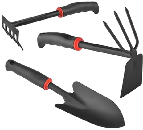 Gatuida Juego de Herramientas de Jardinería 3 Piezas Pala Ancha de Hierro y Mini Rastrillo Negro Mango Antideslizante para Macetas Interiores y Exteriores Jardín Planta Cultivo