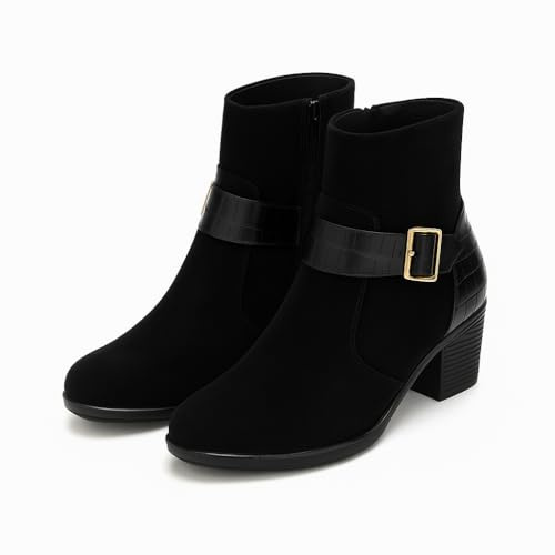 Shoetopia Stivaletti da donna alla moda con fibbia in metallo oversize moderni || Stivali in pelle di design per calzature casual e formali, nero, 6 UK