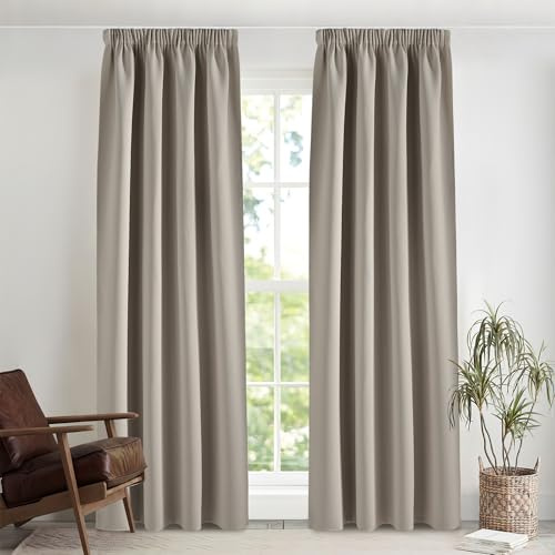 Pony Dance Extra långa gardiner och gardiner ogenomskinligt veckband set om 2 stycken H 260 x B 140 cm sandfärger, mörkläggningsgardin för skensystem, termisk gardin mot kyla