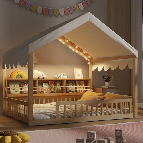 VilroCaz Full Size Floor House Bed with 3 Storage Bookshelves and LED Light, Playhouse Design Wood Montessori Bed Frame with Curtain and Guardrail for Kids Girls Boys (Natural+Beige C)
