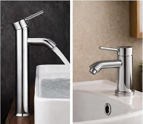 Set 2 Rubinetti Miscelatori Cromati in Ottone Lucido – 1 Gambo Lungo 30 cm per Lavandino/Lavabo + 1 Gambo Corto 17 cm per Bidet, Design Moderno con Tubi Flessibili e Kit Installazione per Bagno Domest