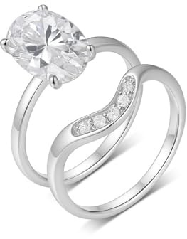Tolldek 9K/14K/18K Weiß Gold Hochzeitsring, Zierlich Klassiker Trauringe mit Moissanit Ovalschliff, Echtes Bandringe Weißgold Au 375/585/750, Gr.47-65
