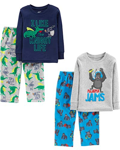 Simple Joys by Carter's Pijama de 4 Piezas (Parte Superior de Algodón y Parte Inferior de Felpa) Niño, Azul/Gris/Dragón/Gorila, 4 años