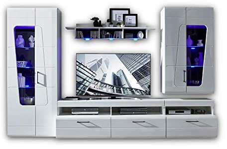 SPIRIT PLUS Wohnwand Komplett-Set Weiß Hochglanz mit LED-Beleuchtung | 330 x 209 x 47 cm (B/H/T), Schrankwand für das Wohnzimmer, Set mit Vitrinen, TV-Unterteil und Wandboard