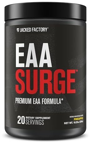 Jacked Factory EAA Surge Essential Amino Acids Powder - EAAS & BCAA Intra Workout Supplement w/L-Citrulline, Taurine, & More for Muscle Building, Strength, Endurance, Recovery - Pineapple, 20sv