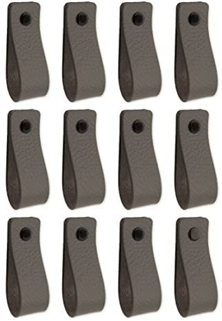 Brute Strength – Ledergriffe für Möbel – 16,5 x 2,5 cm – Grau – 12 Stück | Handgefertigte Möbelgriffe und Lederschlaufen aus Vollnarbenleder; für Schranktüren und Schubladen, Schrauben inklusive