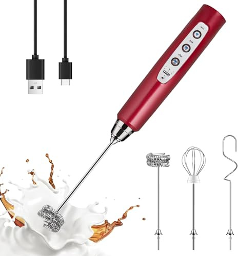 YUSWKO Espumador de leche roja de mano con 3 cabezales, batidor de café con 3 velocidades recargable por USB, mini espumador de mano eléctrico para latte, capuchino, chocolate caliente, huevo