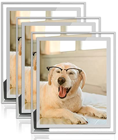 AHUNTTER 3 Pack 10 x 8 Inches Glass Photo Frames Mirrored Picture Frames Tabletop Display Portrait Landscape Frames Gifts - Silver