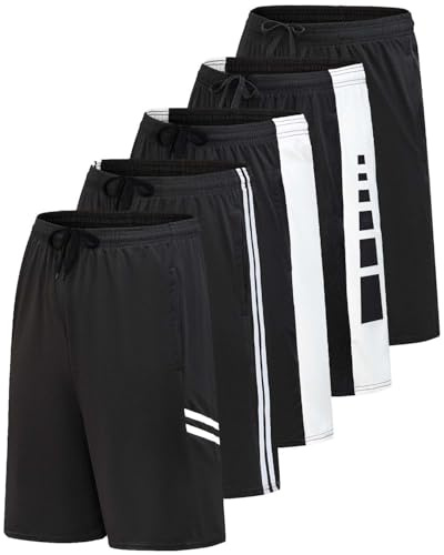 Real Essentials Men’s 5 Pack: 9 Dry-Fit Shorts – Athletic Gym, Workout, Basketball, Running, Casual Lounge Active Pockets, Set 12, 3XL