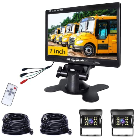 Rückfahrkamera-Set mit 7 Zoll-LCD-Monitor & Dual Backup Kamera, IP68 Wasserdicht, 18IR Nachtsicht, Kabel Einparkhilfe für LKW/Anhänger/Bus/Van/Landwirtschaft/Wohnmobile(12-24 Volt)