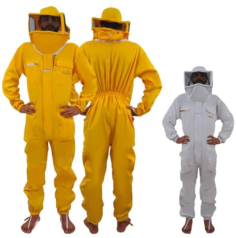 URBANSBEE Tuta Apicoltore professionale Abito Apicoltura Cotone Quadrato Cappuccio eampia tasca per gli apicoltori contro le punture delle api Tuta Naturale ape (L, Giallo Con Cappello Quadrato)