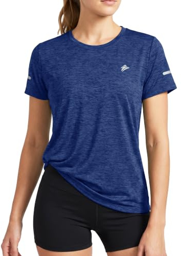 TACVASEN Damen Meliert Sport T-Shirt Laufshirt Kurzarm Sportshirt Rundhals Shirt Sommer Leicht mit Reflexstreifen