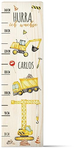 GRAVURZEILE Messlatte für Kinder aus Holz - Baustellen Design - mit Namen für Kinderzimmer - Skala misst 80-140 cm - Größe 20 x 70 x 2 cm - Geschenk zur Geburt für Mädchen & Jungen