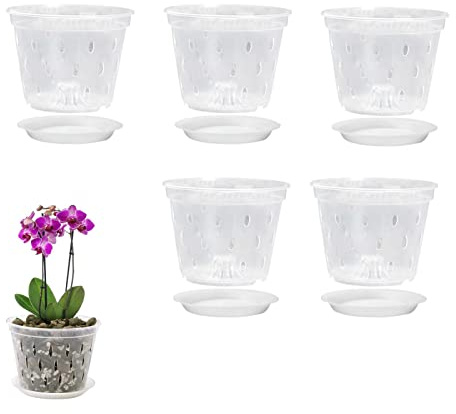 5-teiliges Orchideen-Umpflanzen-Set, transparente Orchideen-Töpfe mit Ablauflöchern und Untersetzern, atmungsaktiver Blumentopf, geschlitzte Orchideen, Blumentöpfe zur Führung