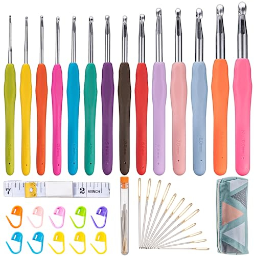 Häkelnadelset für Anfänger - 38-teiliges Häkelnadel-Set mit Tragetasche und ergonomischem Soft-Gummigriff