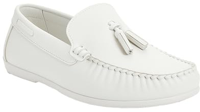 SIRRI Pojkar tofs loafers - klassiska platta loafers för bröllop, nattvard och fritidskläder, Vitt och blått, 35 EU