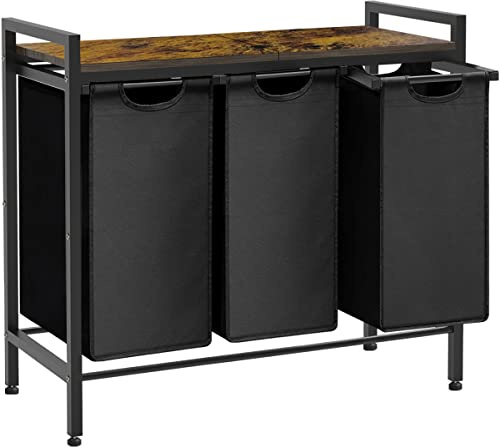 Whoonba Large Laundry Hamper Sorter with 3 Removable & Pull-Out Sorting Bags, Wooden Top Shelf, Versatile Laundry Basket Organizer for Laundry Room, Bathroom, Dorm, 8 * 3 Gal, Black