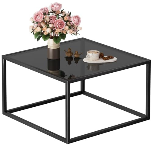 SAYGOER Black Glass Coffee Table Small Modern Coffee Tables 26.7in Square Tempered Glass-Top Accent Center Table for Living Room Home Office with Black Metal Frame Easy Assembly