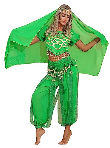 TiaoBug Damen Prinzessin Kostüm Set Pailletten Crop Top + lange weite Hose + Stirnband mit Strass Verkleidung für Karneval Fasching Cosplay Party Tanz