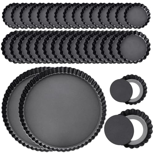 Layhit 34 Pcs Tart Pans - 2x 9.5 + 16x 3 Small + 16x 4 Mini Non Stick Tart Pans with Removable Bottom for Baking, Heavy Duty Carbon Steel Quiche Molds