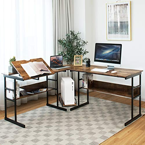GIANTEX L-format hörnskrivbord, 170 cm, datorskrivbord med 2 hyllor, lutande bricka, mittenhetsstativ, datorbord, utrymmesbesparande, industriell stil (brun)