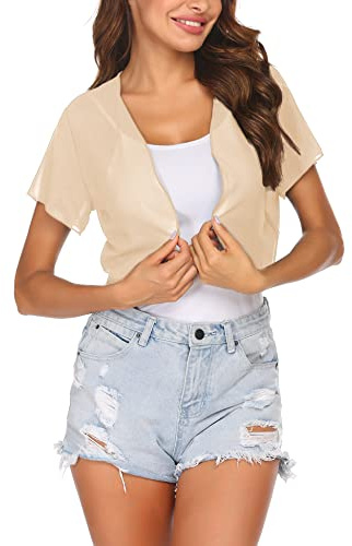 Zeagoo Damen Bolero Chiffon Kurzarm Bolerojacke Festliche Elegante Jacke Leicht Transparent Offene Kurzjacke Cardigan für Sommer Beige L