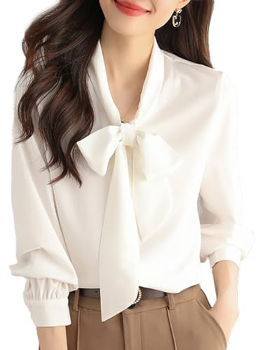 Inzegao Camisa con botones para mujer, blusa de manga larga con lazo para oficina y trabajo