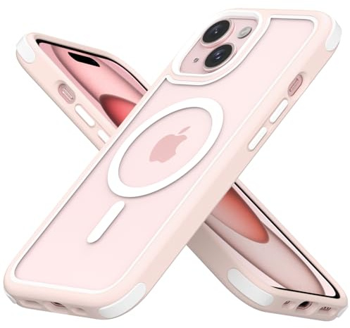 MobNano Coque Magnétique pour iPhone 15, Compatible avec MagSafe, Hybrid Coque pour iPhone 15 avec Color, Protection Antichoc Militaire, Housse Anti Rayures - Rose/Blanc