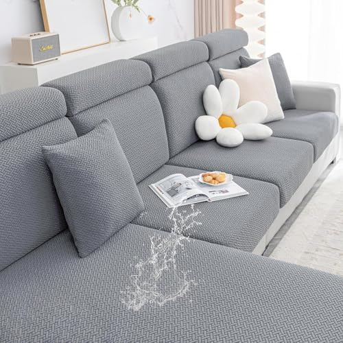 Smiry Waterproof Couch Cushion Covers, Stretch Jacquard Thick Sofa Cushion Covers, Washable Seat Slipcover Elastic Furniture Protector for Pets, Kid (3PC, Light Grey)