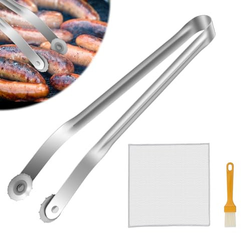 Collazoey BBQ Grillzange Drehbar | 38 cm Wurst Grillzange Edelstahl mit Rädchen | Hot Dog Zange Küchen Utensilien | Grillzange zum Servieren von Speisen | Küchenhelfer für Camping-Kochzubehör