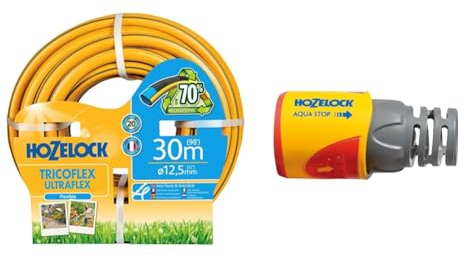 Hozelock Tricoflex Ultraflex Hose, Yellow, 12.5 mm x 30 m & HOZELOCK - Aquastop Hose Connector Plus ø 12.5mm - 15mm (1/2- 5/8) Soft Touch: Aquastop