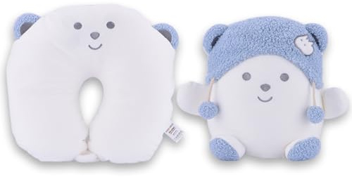 #sbabam Travel Pets, Cuscino da Viaggio Bambini 2 in 1 a Forma di Peluche, Trasformabile in Cuscino Cervicale per Dormire, Aereo e Auto, Orsetto con Berretto