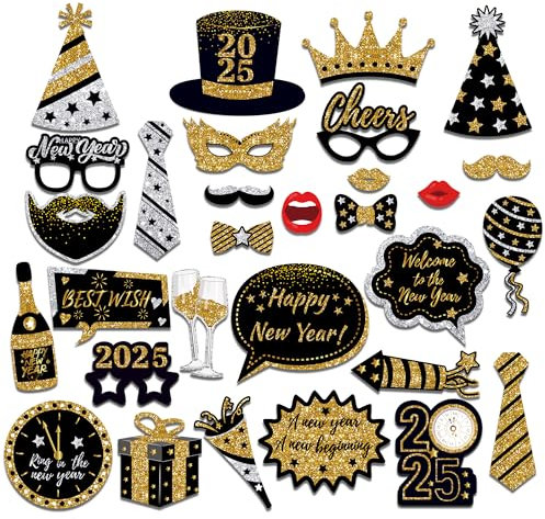 30 Stück Foto Requisiten Neujahr Fotobox Accessoires Neues Jahr Silvester Foto Booth Requisiten Dekoration für Party Zubehör,Geburtstag,Hochzeit,Karneval,Party Dekoration Zubehör