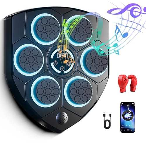 lifetter Music Boxing Machine, LED Bluetooth Musik Boxmaschine, 9 Geschwindigkeiten, 9 Modi, 5 Lautstärkeregelung, Zählmodus, Geschenk für Erwachsene und Kinder Exercise (Schwarz+Kinderhandschuhe)
